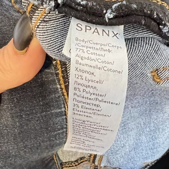 Spanx Distressed Dropped Hem Pull On Ankle Skinny Jeans in Medium Wash - Picture 9 of 10